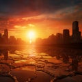 City swelters in high temperatures, symbolizing global warming\'s impact.