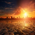 City swelters in high temperatures, symbolizing global warming\'s impact.