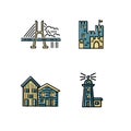 City symbols vector set with casle, lighthouse, houses and brige.