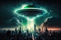 A UFO Taking Over a City With a Green Beam of Light - Generative AI