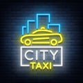 City taxi neon logos concept template. Luminous signboard on the theme of transportation of passengers. Neon signs