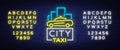 City taxi neon logos concept template. Luminous signboard on the theme of transportation of passengers. Neon signs