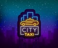 City taxi neon logos concept template. Luminous signboard on the theme of transportation of passengers. Neon signs