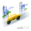City taxi service concept. Vector illustration of taxi yellow cab on asphalt road against cityscape.