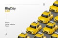 City taxi vehicle fleet 3d vector graphics. Yellow Cabs on light background banner template