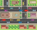 City top view. Building and street with cars and trucks. Urban traffic vector map