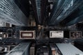 City Top View of Skyscrapers Building by drone . Aerial view cityscape flying above development buildings, energy power