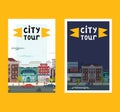 City tour set of banners, posters vector illustration. Day night town. Busy street with buildings such as restaurant Royalty Free Stock Photo