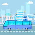 City tourist driving bus on cityscape cartoon vector illustration.
