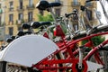 City tourist red bicycles for hire and rent Royalty Free Stock Photo