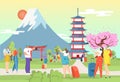 City tourist travel at flat culture Japan landmark, tourism vector illustration. Cartoon asia architecture, building and