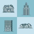 City town house architecture public building set. Linear stroke outline flat style vector icons. Monochrome icon collection Royalty Free Stock Photo