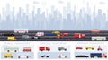 City traffic background with transport vehicles. City infographics design elements set with buildings, road, transport, people ico