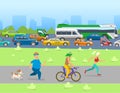 City traffic with transport vehicles banner. Set of transportation tools with bus, bicycle, cars and other transport on