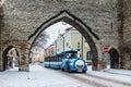 City train in Monastery Gate in Tallinn Old Town Royalty Free Stock Photo