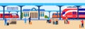 City train, travel station, passenger building, railway transport, public railroad, design, flat style vector