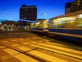 City tram, cable car at early morning drive up to a stop. Royalty Free Stock Photo