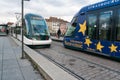 City trams on the Pont Royal Bridge in the historic city center of Strasbourg Royalty Free Stock Photo