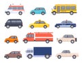 City transport cars. Urban car and vehicles, taxi, school bus, ambulance, fire engine, police and pickup truck. Flat Royalty Free Stock Photo