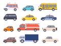 City transport cars. Urban car and vehicles, taxi, school bus, ambulance, fire engine, police and pickup truck. Flat automobile Royalty Free Stock Photo