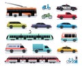 City transport. Cartoon car, bus and truck, tram. Train, trolleybus and scooter. Urban vehicle vector transportation