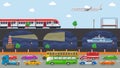 City transport concept vector illustration. Urban road embankment street transport cars, bus, truck traffic. Railway