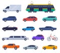 City transport flat icons. Auto cabrio, car bus objects design. Isolated smart vehicles, truck, tramway. Logistic and Royalty Free Stock Photo