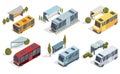 City transport isometric set with waiting station without people. Public urban transportation infographic illustration