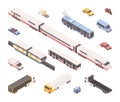 City transport isometric vector illustrations set. Public and industrial vehicles pack, urban travel service. Subway Royalty Free Stock Photo