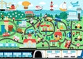 City transport map. Background with land, underground, water and air transport. Vector infographic elements with train, cars, tram