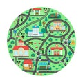 City transport map. Round shaped background with railway, roads, traffic signs for kids. Vector road trip playing mat for kids.