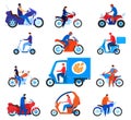 City transport motorbikes vector illustration set, cartoon flat driver characters on bikes, riders driving motorcycle