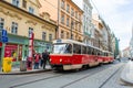City transport in Prague. Tram on the street of the old city
