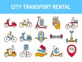 City transport rental color line icons set. Ecological vehicle: bicycle, monowheel, gyrobord, gyroscooter, scooter. Pictograms for