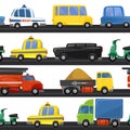 City transport seamless pattern with different types of vehicle and road.Funny city cartoon transport for prints, textile etc.