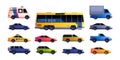 City transport set. Different models of cars, colorful urban vehicles taxi bus van emergency automobiles flat cartoon