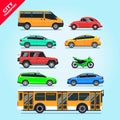 City transport set flat isolated cars, motorcycle, van, bus, taxi on blue background illustration.