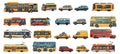 City transport side view set in cartoon style. Tourist double decke buses trams electric vans sedans SUVs minibuses