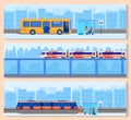 City transport vector illustration set, cartoon flat cityscape panorama with downtown modern public electric train Royalty Free Stock Photo