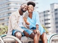 City travel, bicycle and selfie couple with smartphone on a date, vacation or summer holiday. Happy portrait man and