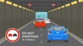 City tunnel restrictions. Red car is passing other vehicle in high-speed tunnel. No overtaking in tunnels traffic sign.