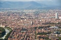 View of the city of Turin from Superga Church. Mole Antonelliana tower, skyscraper San Paolo and the river.