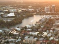 Aerial image of city by river in twilight Royalty Free Stock Photo