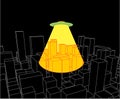 City and UFO. Abstract Skyline and Space Invader. Industrial la Royalty Free Stock Photo