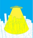 City and UFO. Abstract Skyline and Space Invader. Industrial la Royalty Free Stock Photo