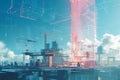 A City Under Construction: A Skyline Filled With Tall Buildings, Illustration of a construction site superimposed on an image of a Royalty Free Stock Photo