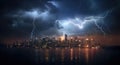 A city under a stormy sky with lightning and rain, AI Royalty Free Stock Photo