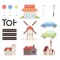 City urban elements set. Church, cafe, building, windmill buildings, road, traffic signs cartoon vector