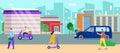 City urban road, vector illustration. Flat people charcater walk at town street, cartoon life scene at landscape Royalty Free Stock Photo