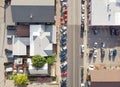 City in USA, street top view, parking lot of cars